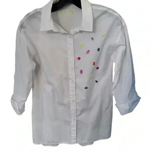 Zara Girls Button Up White Shirt With Multi Color Jeweled Accents Size 13-14